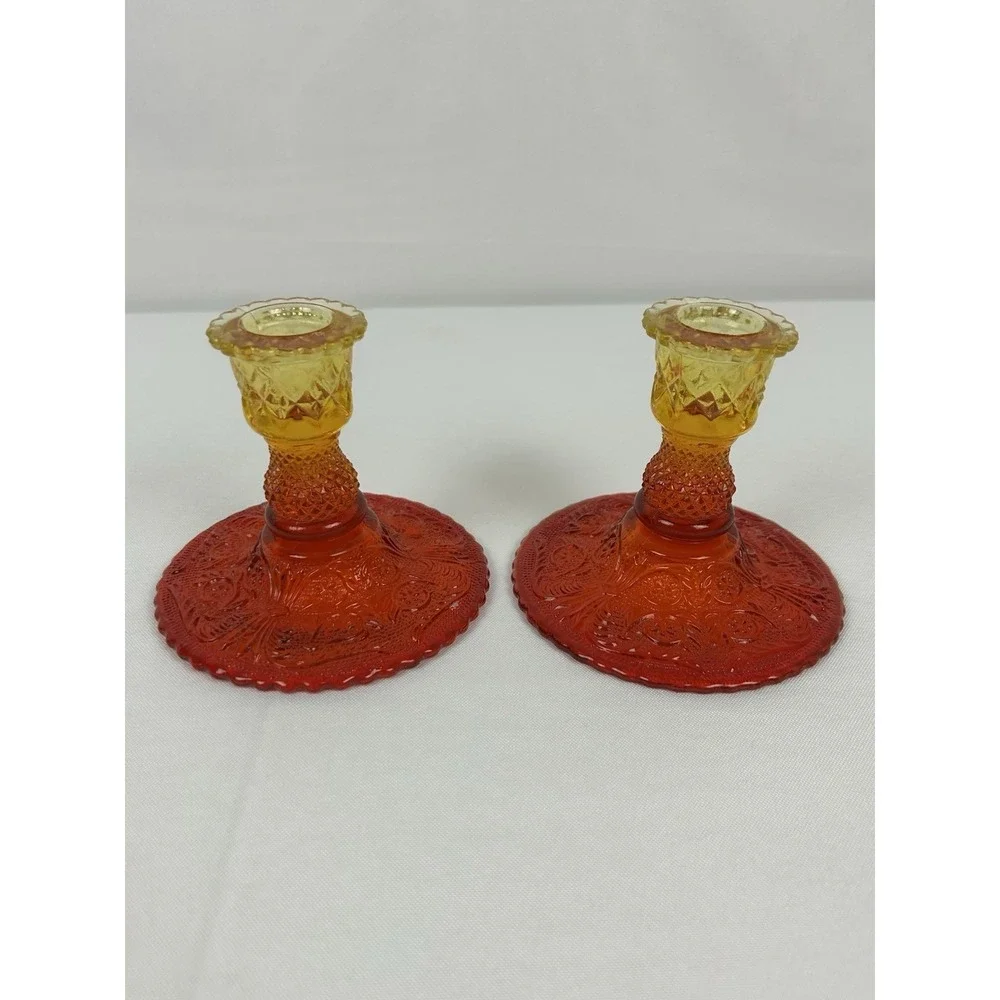 Vintage Candlesticks Glass Muti-color Red Yellow Orange 3 3/4 Tall